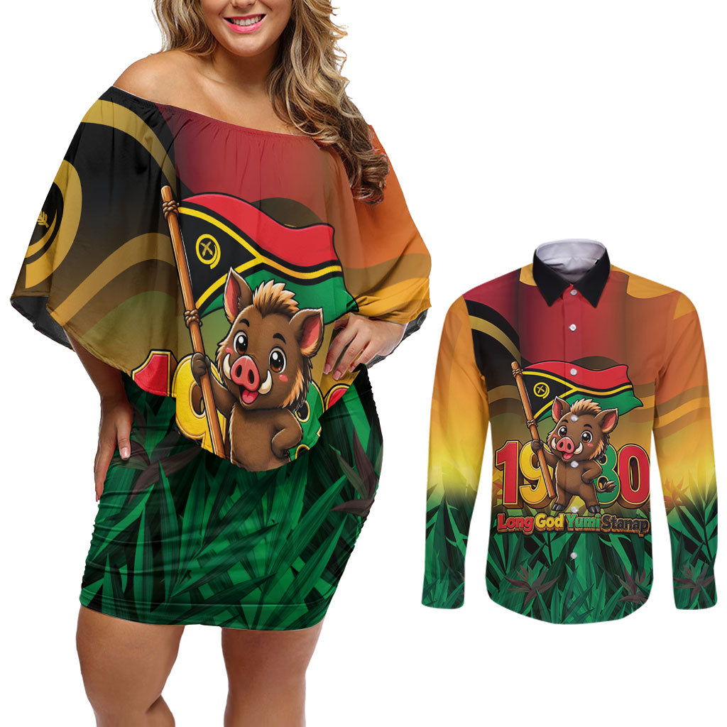 Vanuatu Independence Day Couples Matching Off Shoulder Short Dress and Long Sleeve Button Shirt Chibi Boar Proud To Be A Ni-Van