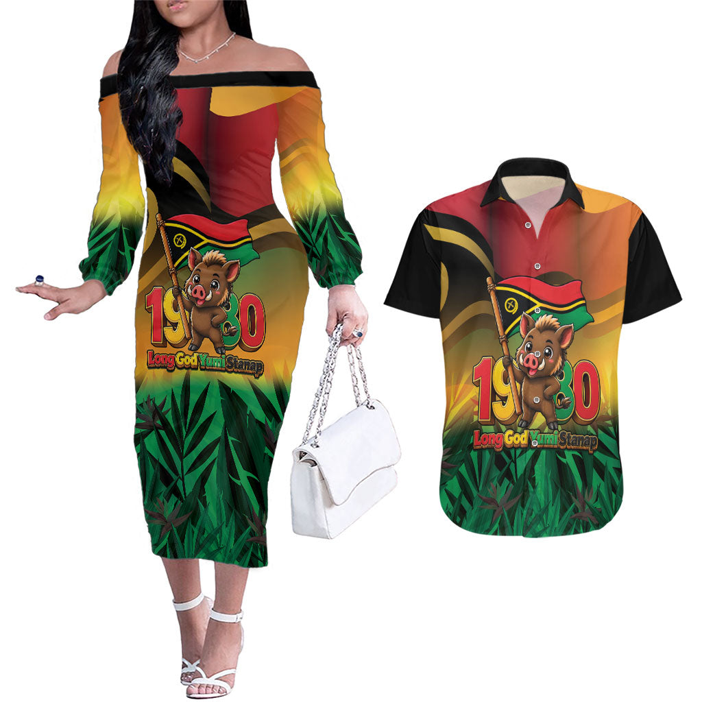 Vanuatu Independence Day Couples Matching Off The Shoulder Long Sleeve Dress and Hawaiian Shirt Chibi Boar Proud To Be A Ni-Van