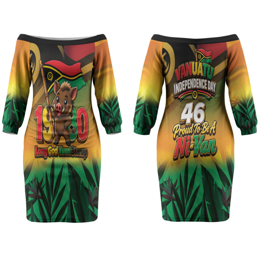 Vanuatu Independence Day Couples Matching Off The Shoulder Long Sleeve Dress and Long Sleeve Button Shirt Chibi Boar Proud To Be A Ni-Van LT14 - Polynesian Pride