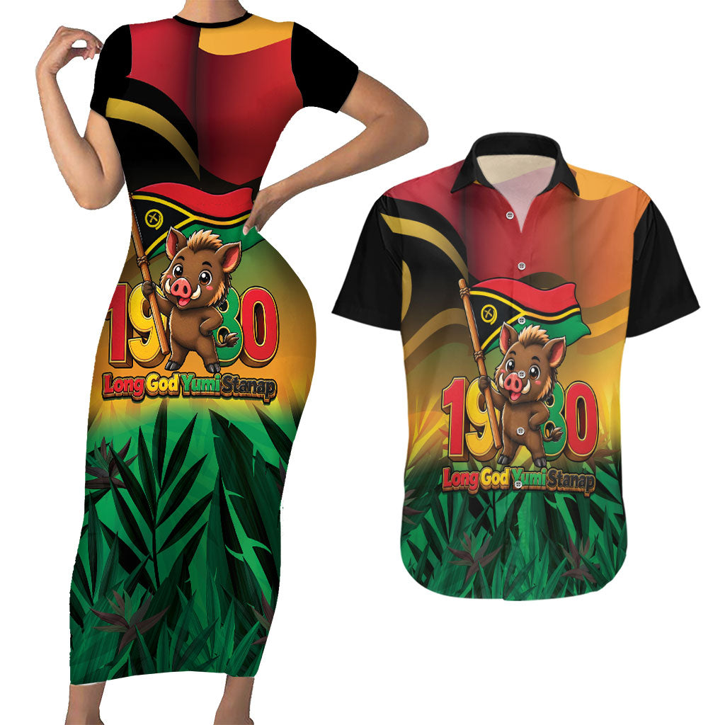 Vanuatu Independence Day Couples Matching Short Sleeve Bodycon Dress and Hawaiian Shirt Chibi Boar Proud To Be A Ni-Van