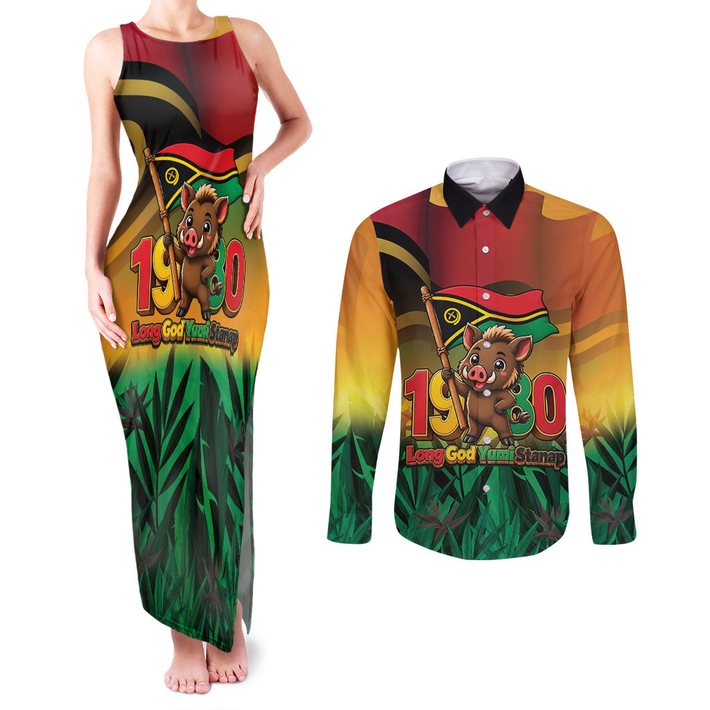 Vanuatu Independence Day Couples Matching Tank Maxi Dress and Long Sleeve Button Shirt Chibi Boar Proud To Be A Ni-Van
