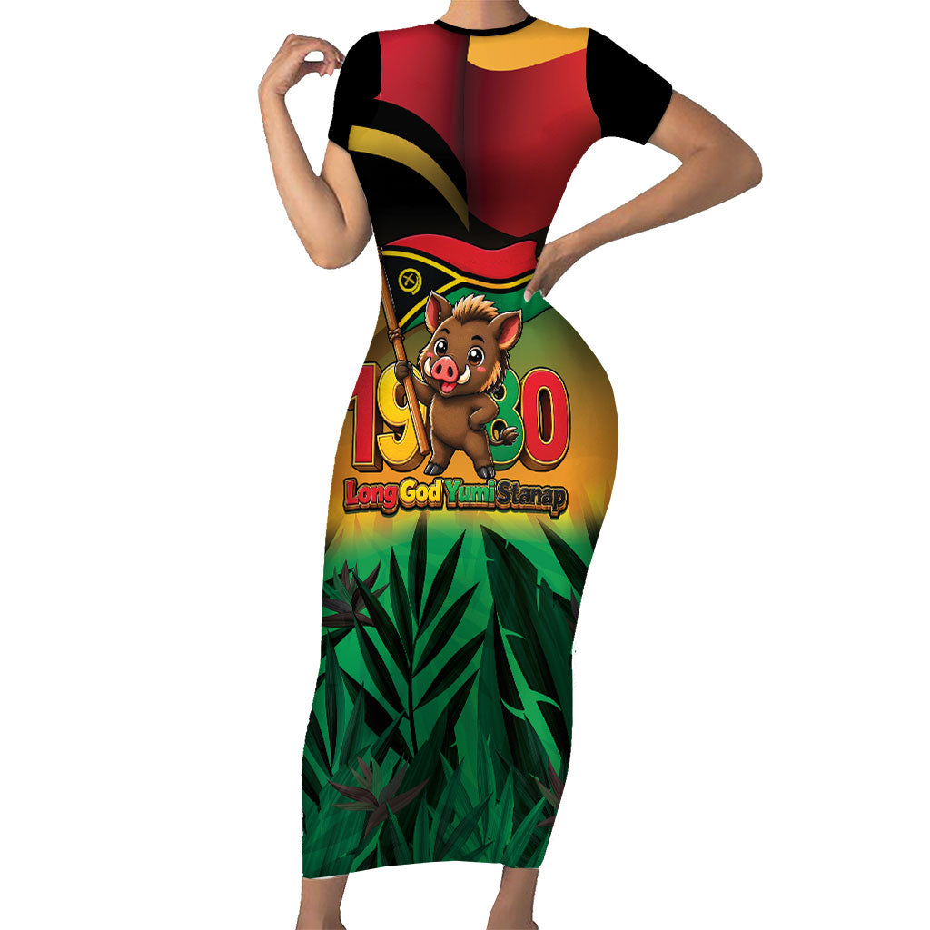 Vanuatu Independence Day Family Matching Short Sleeve Bodycon Dress and Hawaiian Shirt Chibi Boar Proud To Be A Ni-Van