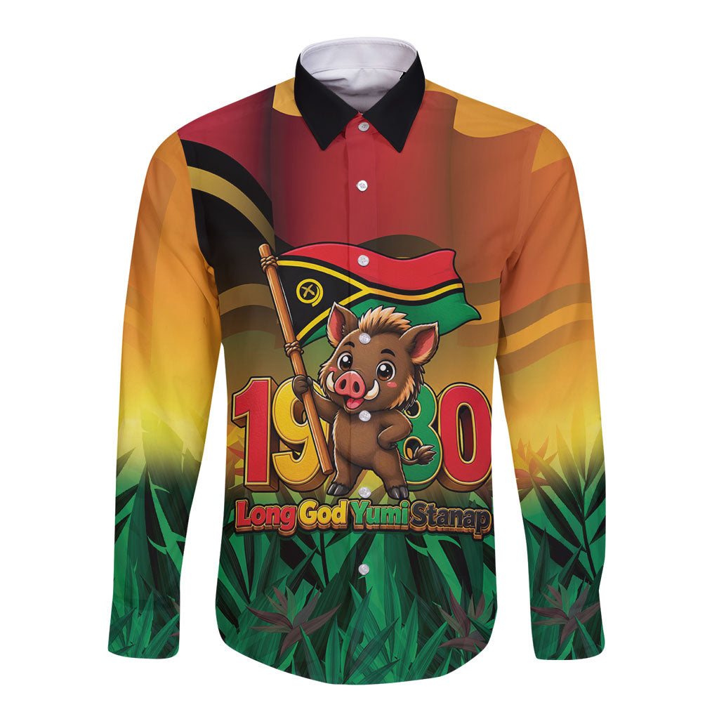 Vanuatu Independence Day Long Sleeve Button Shirt Chibi Boar Proud To Be A Ni-Van