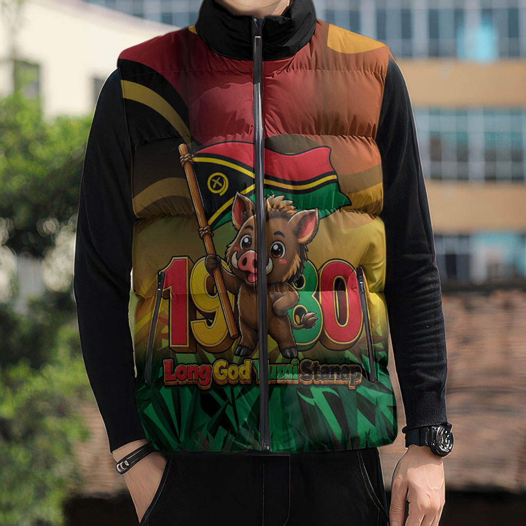 Vanuatu Independence Day Sleeveless Puffer Jacket Chibi Boar Proud To Be A Ni-Van