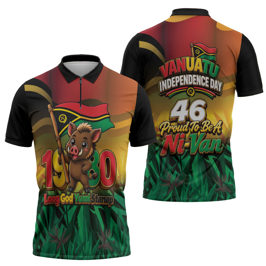 Vanuatu Independence Day Zipper Polo Shirt Chibi Boar Proud To Be A Ni-Van