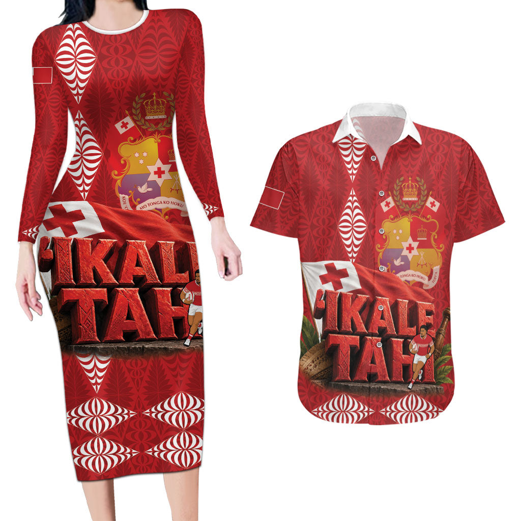 Tonga Rugby Custom Couples Matching Long Sleeve Bodycon Dress and Hawaiian Shirt 2026 Go Ikale Tahi Ngatu Pattern