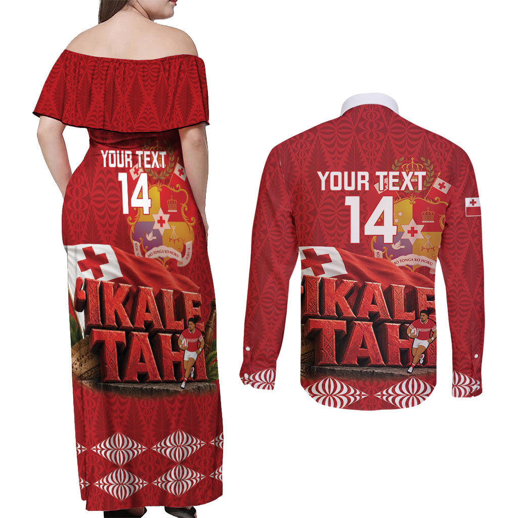 Tonga Rugby Custom Couples Matching Off Shoulder Maxi Dress and Long Sleeve Button Shirt 2026 Go Ikale Tahi Ngatu Pattern