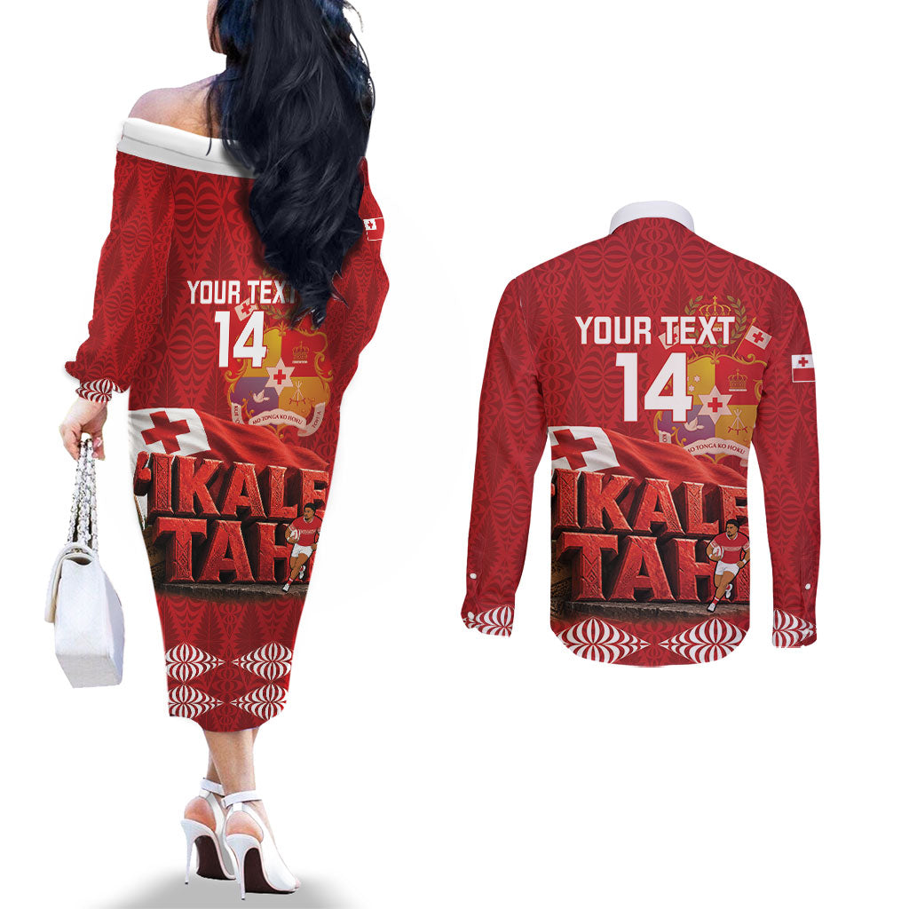 Tonga Rugby Custom Couples Matching Off The Shoulder Long Sleeve Dress and Long Sleeve Button Shirt 2026 Go Ikale Tahi Ngatu Pattern