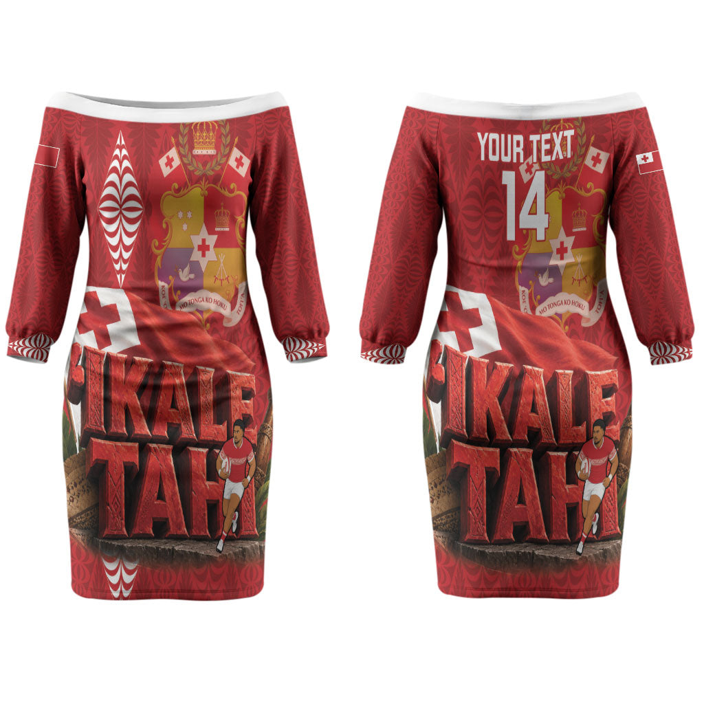 Tonga Rugby Custom Couples Matching Off The Shoulder Long Sleeve Dress and Long Sleeve Button Shirt 2026 Go Ikale Tahi Ngatu Pattern LT14 - Polynesian Pride