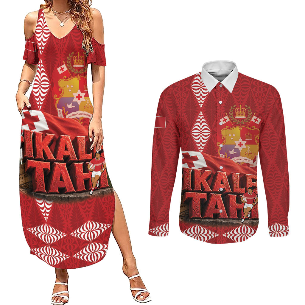 Tonga Rugby Custom Couples Matching Summer Maxi Dress and Long Sleeve Button Shirt 2026 Go Ikale Tahi Ngatu Pattern