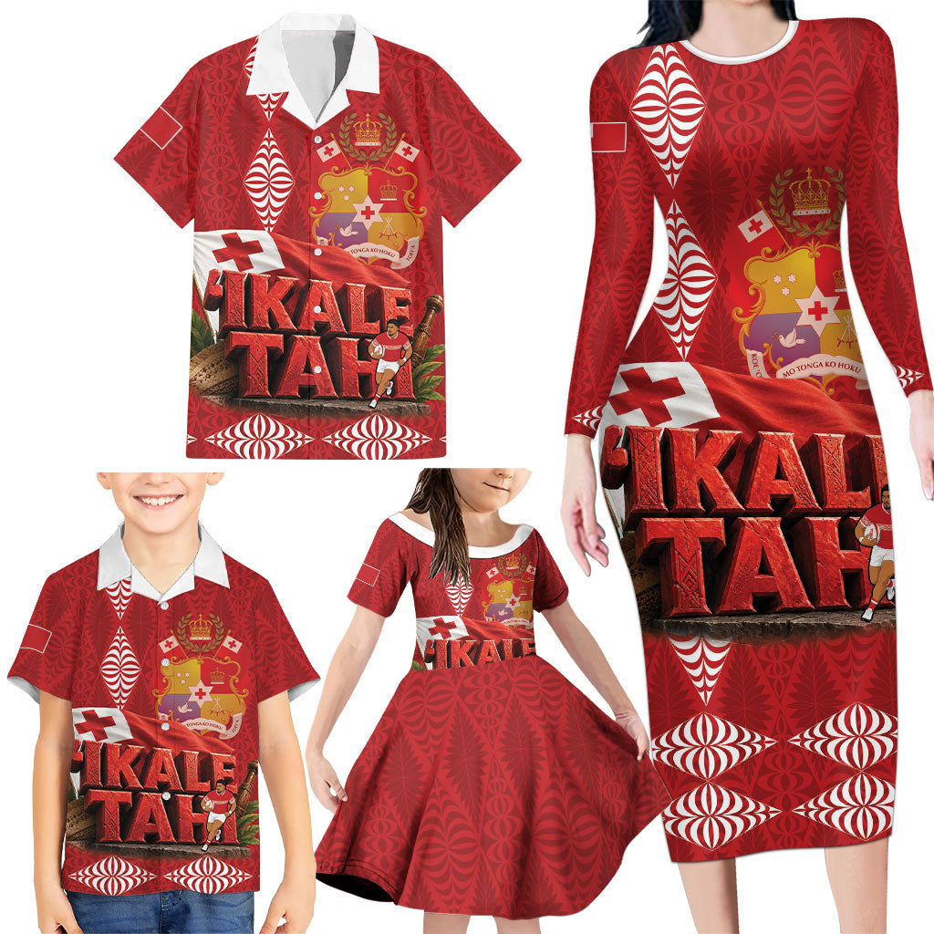 Tonga Rugby Custom Family Matching Long Sleeve Bodycon Dress and Hawaiian Shirt 2026 Go Ikale Tahi Ngatu Pattern