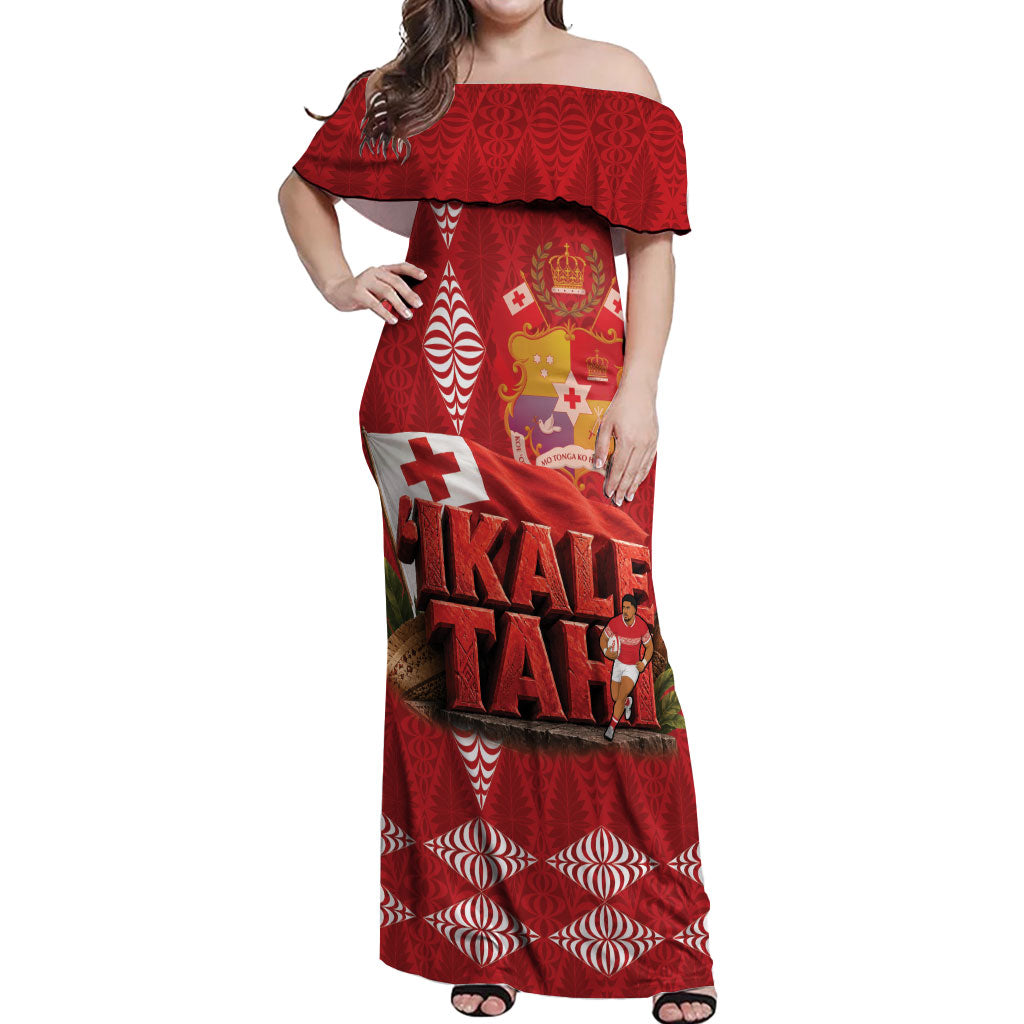 Tonga Rugby Custom Off Shoulder Maxi Dress 2026 Go Ikale Tahi Ngatu Pattern