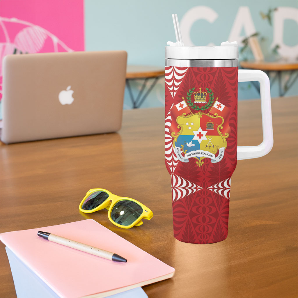 Tonga Rugby Custom Tumbler With Handle 2026 Go Ikale Tahi Ngatu Pattern