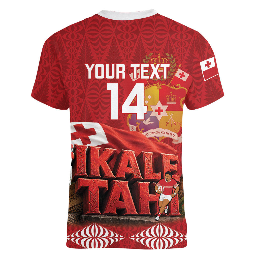 Tonga Rugby Custom Women V-Neck T-Shirt 2026 Go Ikale Tahi Ngatu Pattern