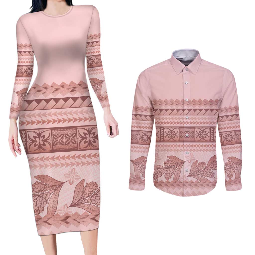 Pastel Pink Samoa Siapo Teuila Flowers Couples Matching Long Sleeve Bodycon Dress and Long Sleeve Button Shirt LT14 Pastel Pink - Polynesian Pride
