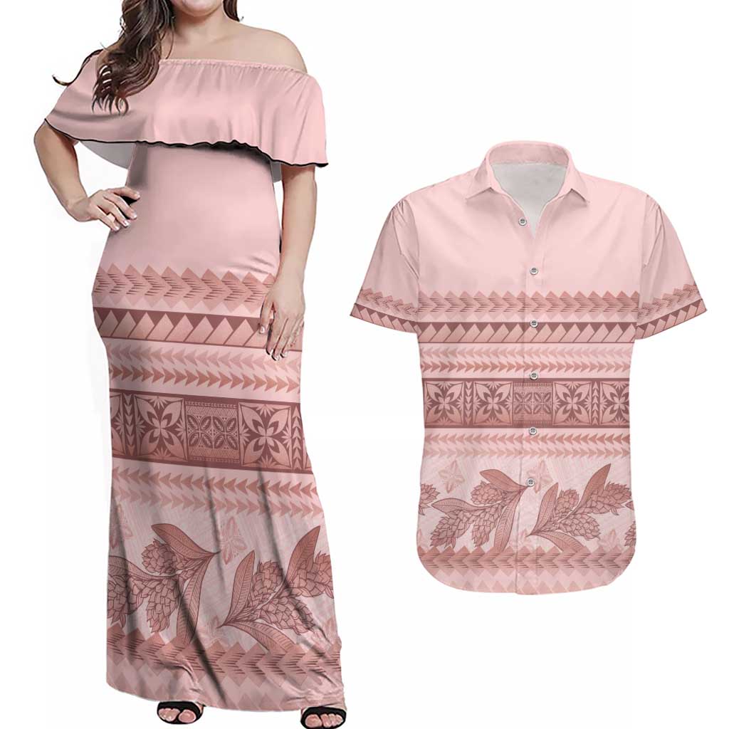Pastel Pink Samoa Siapo Teuila Flowers Couples Matching Off Shoulder Maxi Dress and Hawaiian Shirt - Polynesian Pride