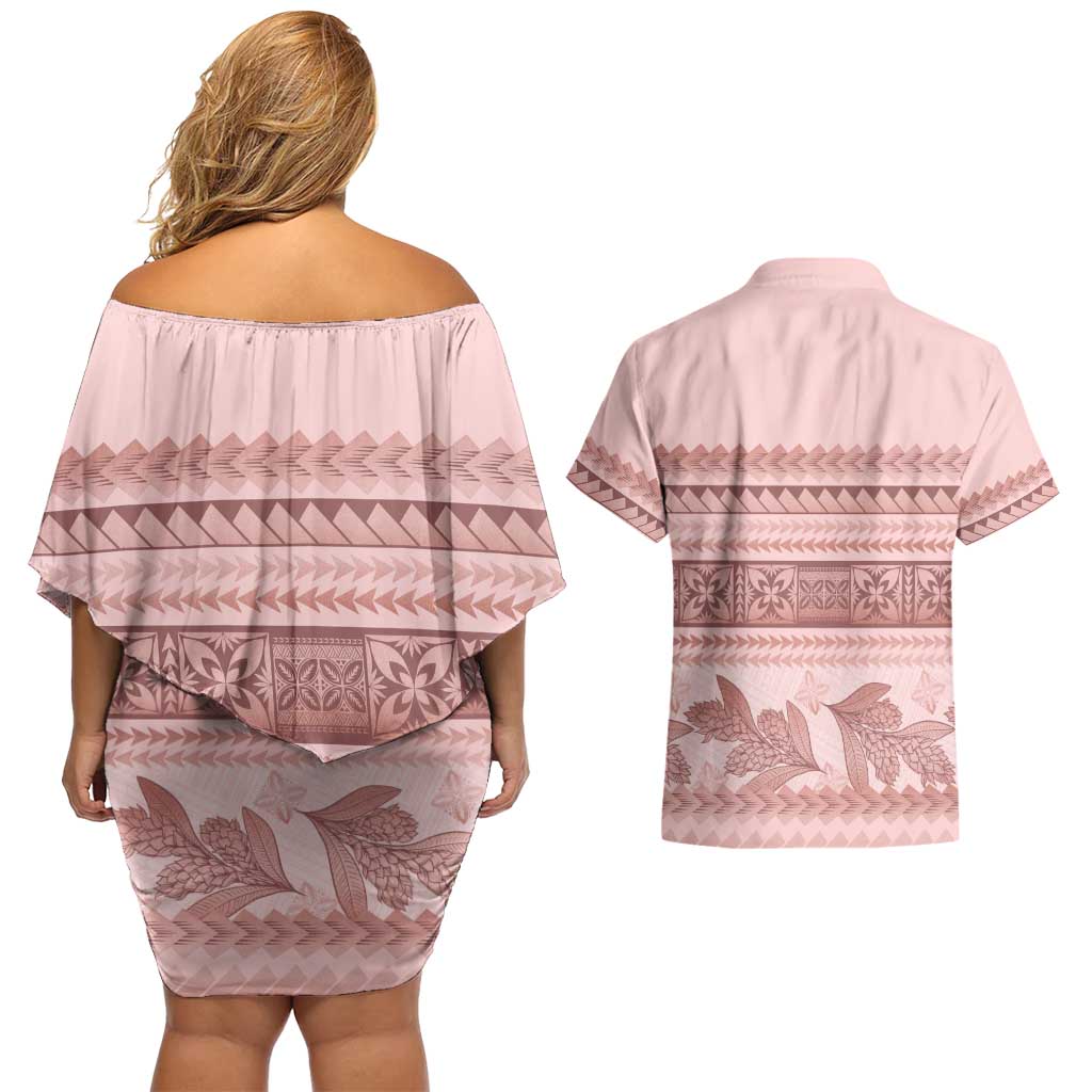Pastel Pink Samoa Siapo Teuila Flowers Couples Matching Off Shoulder Short Dress and Hawaiian Shirt - Polynesian Pride