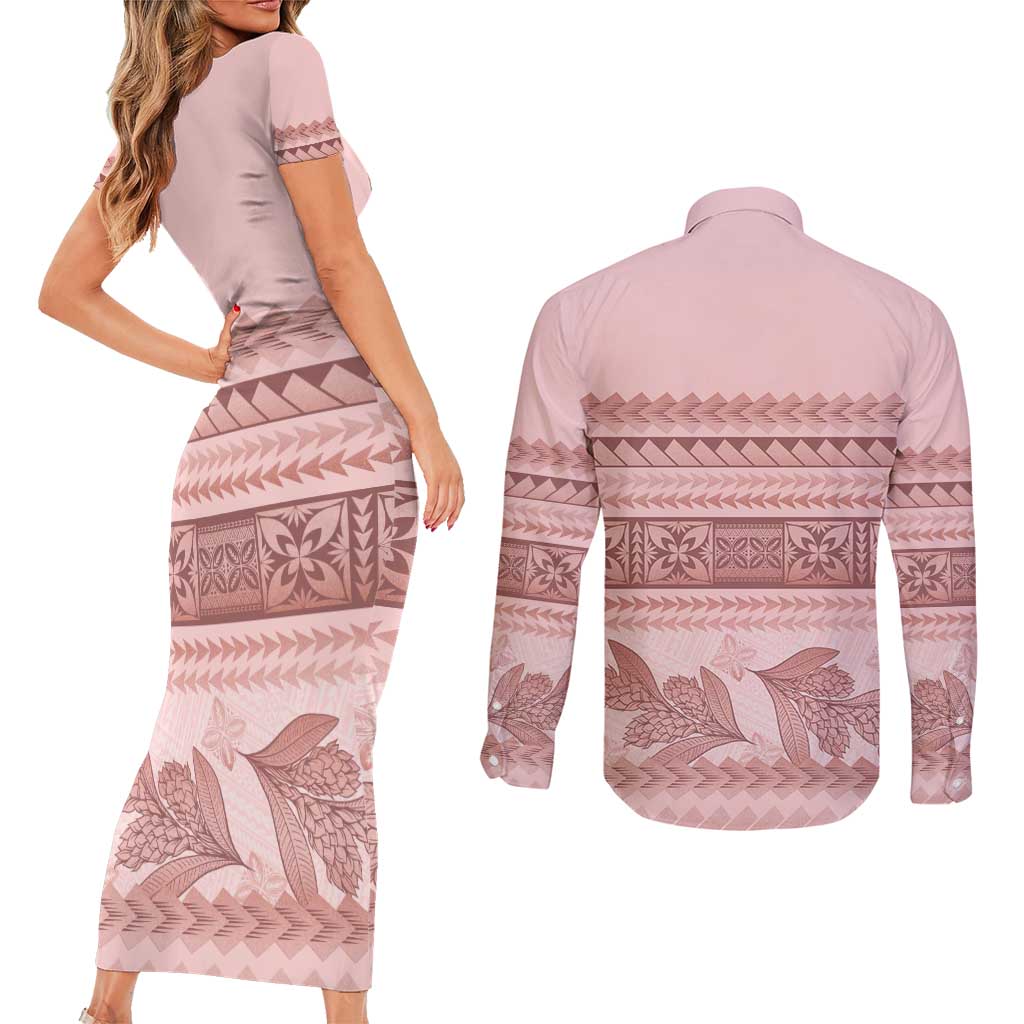 Pastel Pink Samoa Siapo Teuila Flowers Couples Matching Short Sleeve Bodycon Dress and Long Sleeve Button Shirt - Polynesian Pride