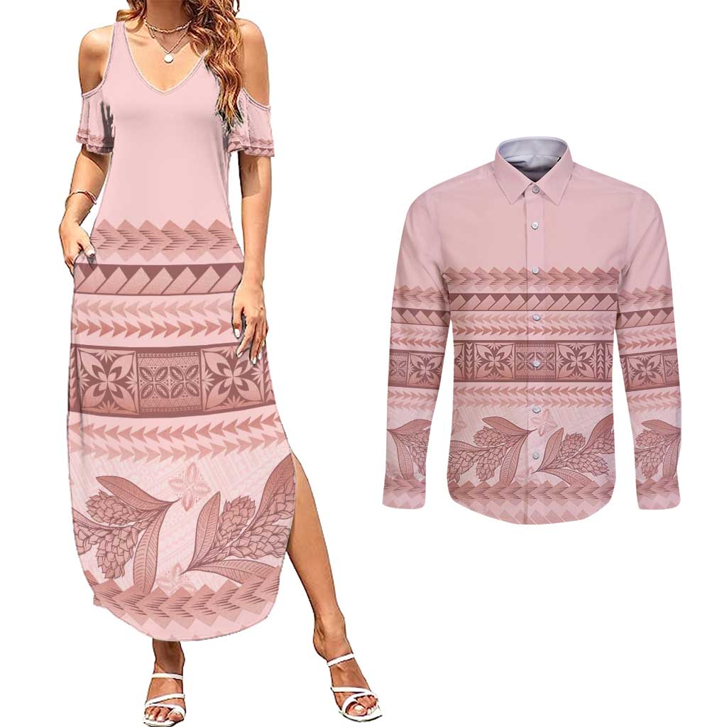 Pastel Pink Samoa Siapo Teuila Flowers Couples Matching Summer Maxi Dress and Long Sleeve Button Shirt LT14 Pastel Pink - Polynesian Pride