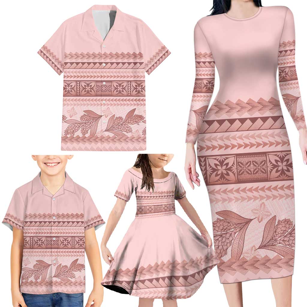 Pastel Pink Samoa Siapo Teuila Flowers Family Matching Long Sleeve Bodycon Dress and Hawaiian Shirt - Polynesian Pride
