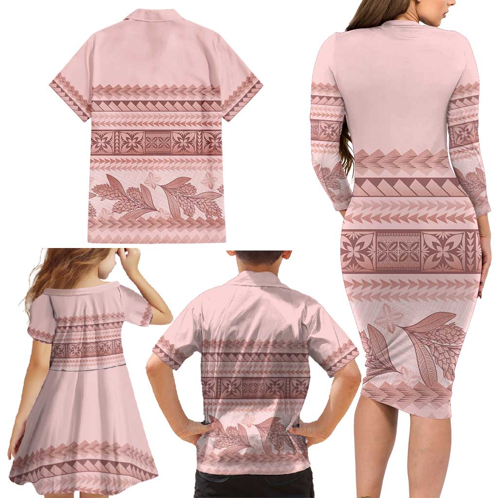 Pastel Pink Samoa Siapo Teuila Flowers Family Matching Long Sleeve Bodycon Dress and Hawaiian Shirt - Polynesian Pride