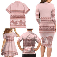 Pastel Pink Samoa Siapo Teuila Flowers Family Matching Long Sleeve Bodycon Dress and Hawaiian Shirt - Polynesian Pride