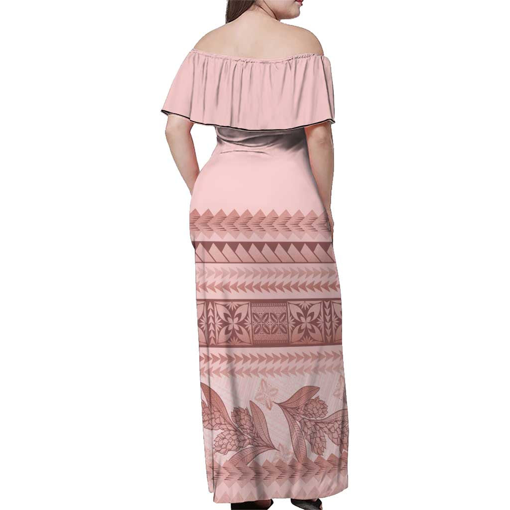 Pastel Pink Samoa Siapo Teuila Flowers Family Matching Off Shoulder Maxi Dress and Hawaiian Shirt - Polynesian Pride