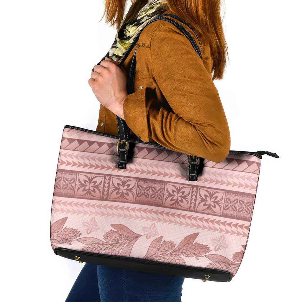 Pastel Pink Samoa Siapo Teuila Flowers Leather Tote Bag LT14 Pastel Pink - Polynesian Pride