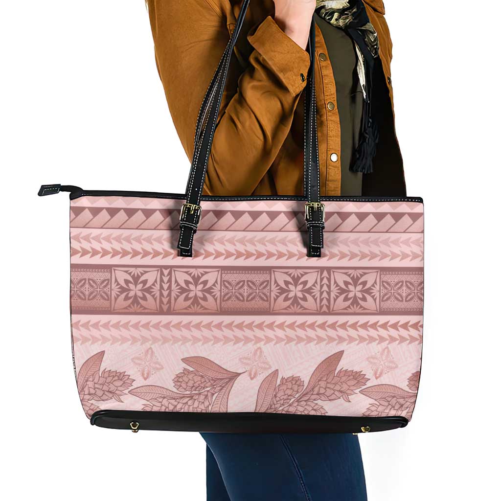 Pastel Pink Samoa Siapo Teuila Flowers Leather Tote Bag LT14 - Polynesian Pride