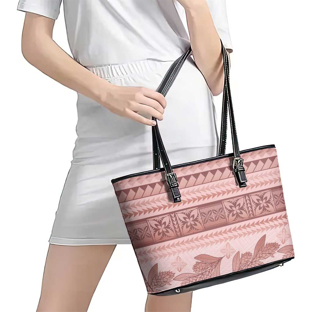 Pastel Pink Samoa Siapo Teuila Flowers Leather Tote Bag LT14 - Polynesian Pride