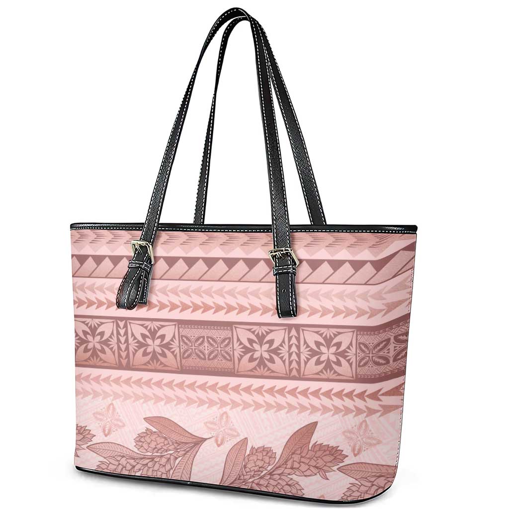 Pastel Pink Samoa Siapo Teuila Flowers Leather Tote Bag LT14 - Polynesian Pride