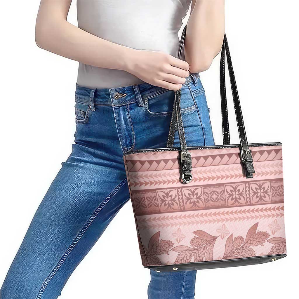 Pastel Pink Samoa Siapo Teuila Flowers Leather Tote Bag LT14 - Polynesian Pride