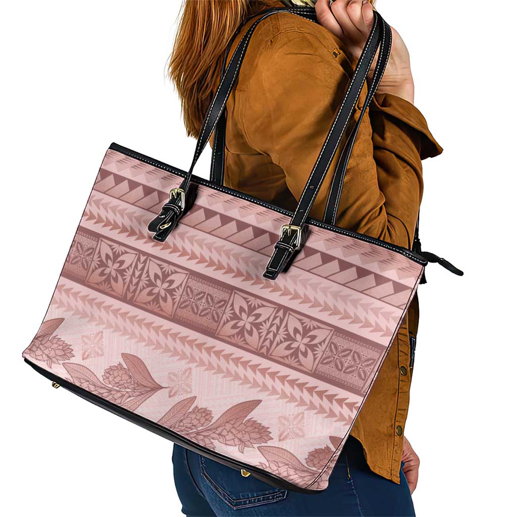 Pastel Pink Samoa Siapo Teuila Flowers Leather Tote Bag LT14 - Polynesian Pride
