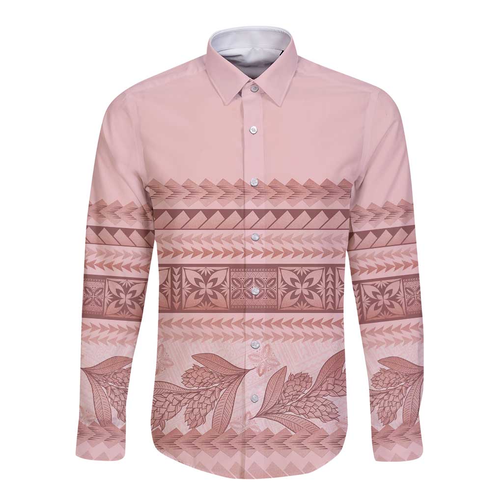 Pastel Pink Samoa Siapo Teuila Flowers Long Sleeve Button Shirt - Polynesian Pride