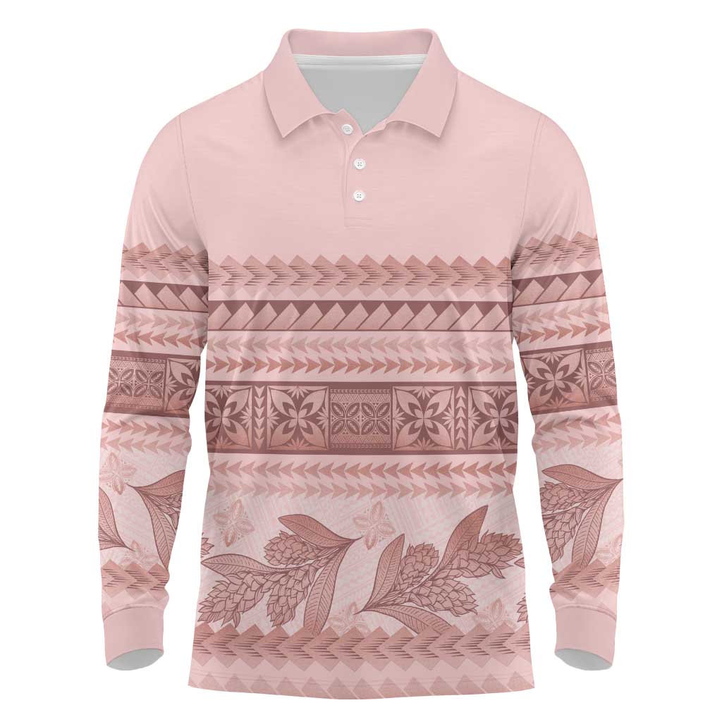 Pastel Pink Samoa Siapo Teuila Flowers Long Sleeve Polo Shirt LT14 Pastel Pink - Polynesian Pride