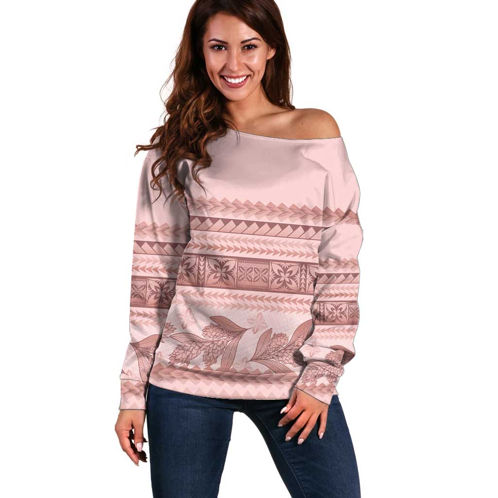 Pastel Pink Samoa Siapo Teuila Flowers Off Shoulder Sweater - Polynesian Pride