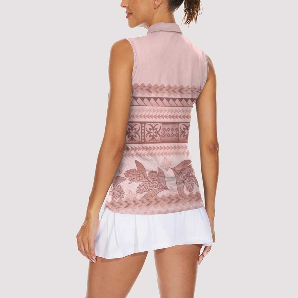 Pastel Pink Samoa Siapo Teuila Flowers Women Sleeveless Polo Shirt - Polynesian Pride