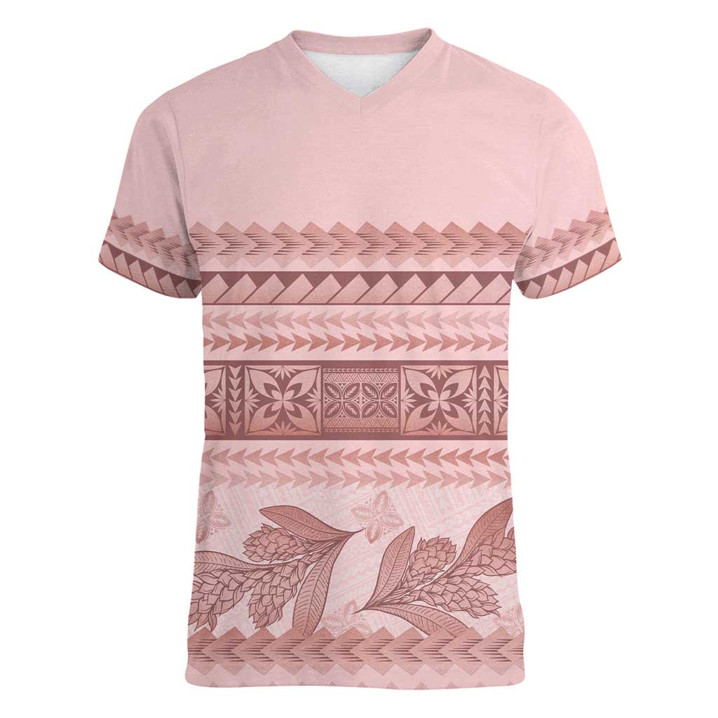Pastel Pink Samoa Siapo Teuila Flowers Women V-Neck T-Shirt LT14 Female Pastel Pink - Polynesian Pride