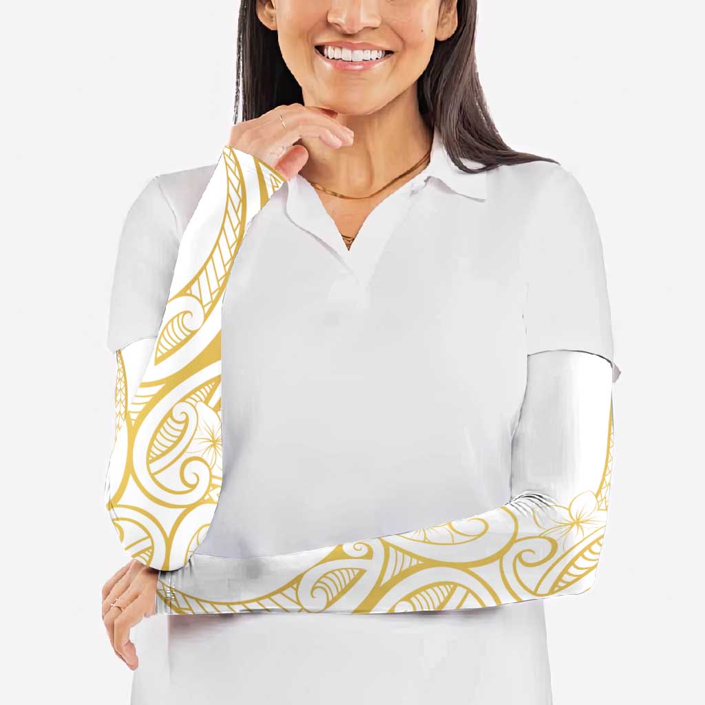 Polynesia White Sunday Arm Sleeves Plumeria Polynesian Tribal Gold Color - Polynesian Pride