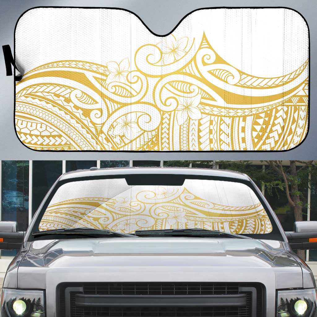 Polynesia White Sunday Auto Sun Shade Plumeria Polynesian Tribal Gold Color - Polynesian Pride