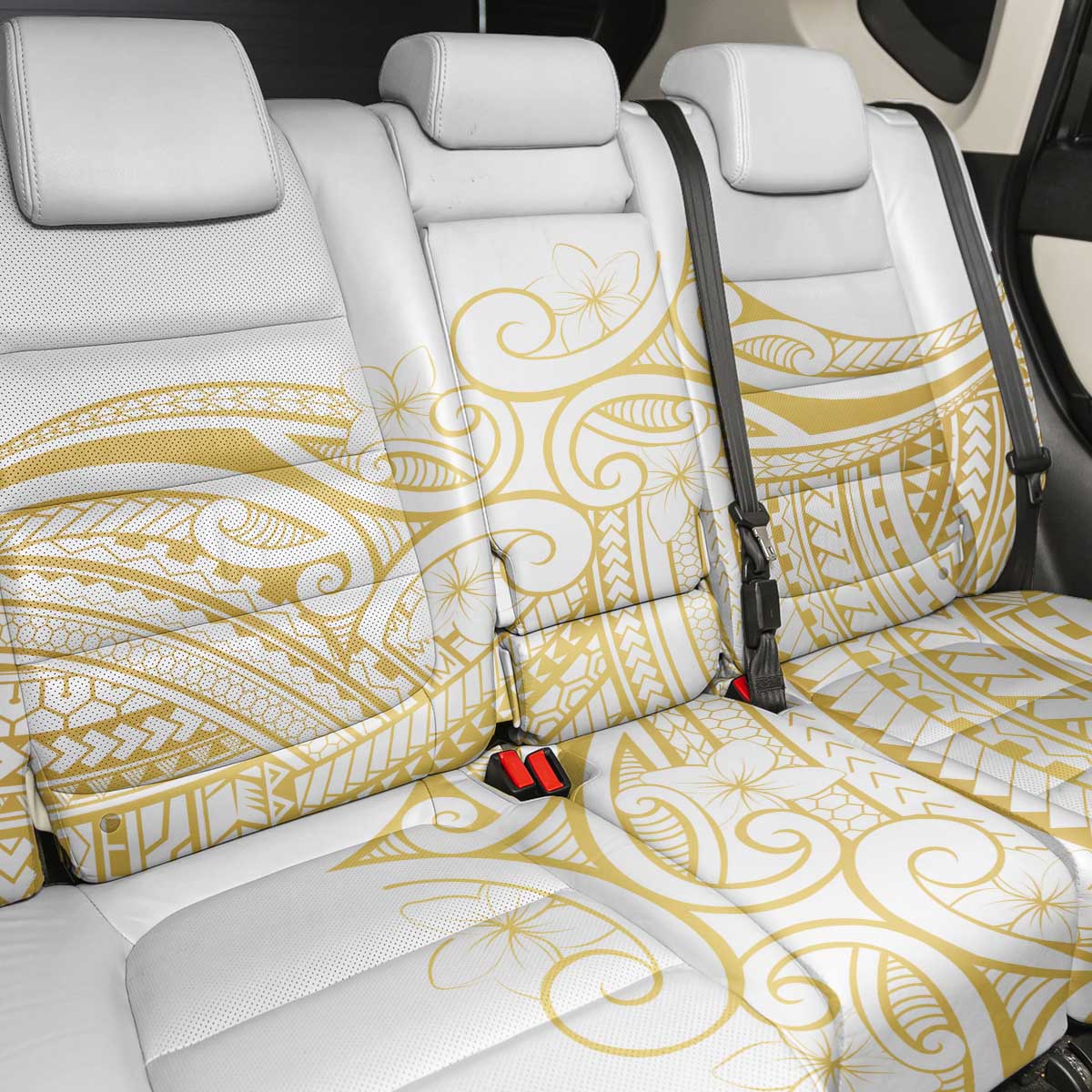 Polynesia White Sunday Back Car Seat Cover Plumeria Polynesian Tribal Gold Color - Polynesian Pride