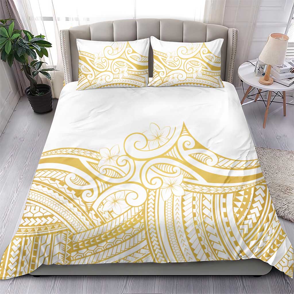 Polynesia White Sunday Bedding Set Plumeria Polynesian Tribal Gold Color - Polynesian Pride