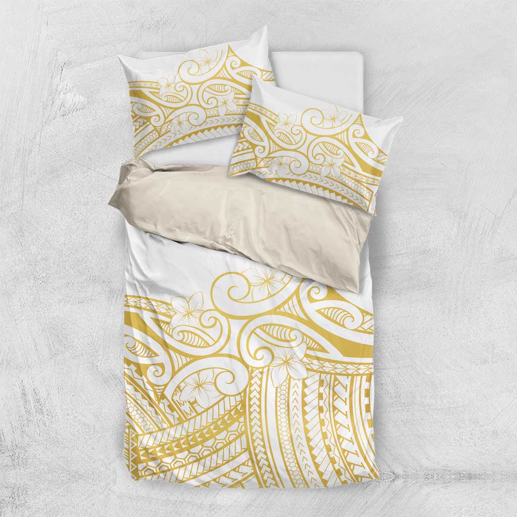 Polynesia White Sunday Bedding Set Plumeria Polynesian Tribal Gold Color - Polynesian Pride
