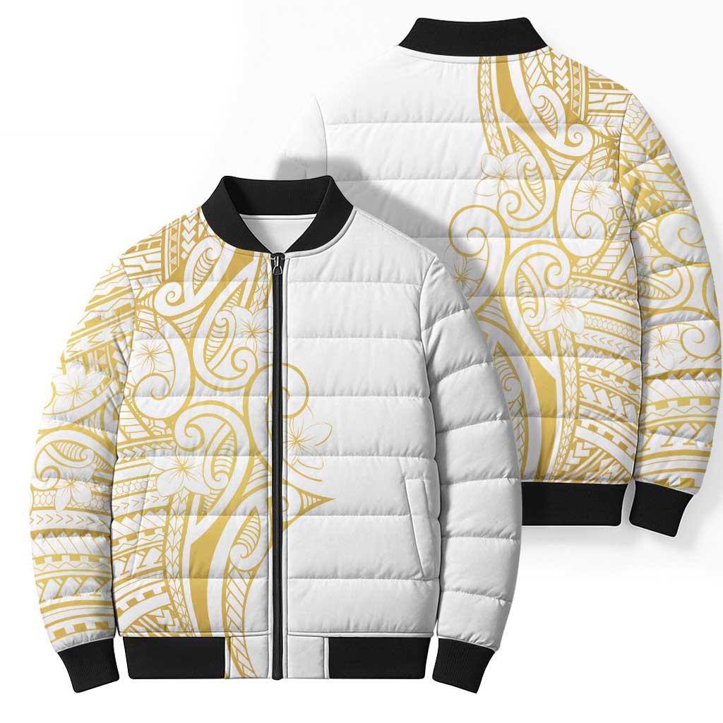Polynesia White Sunday Bomber Puffer Jacket Plumeria Polynesian Tribal Gold Color - Polynesian Pride