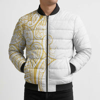 Polynesia White Sunday Bomber Puffer Jacket Plumeria Polynesian Tribal Gold Color - Polynesian Pride