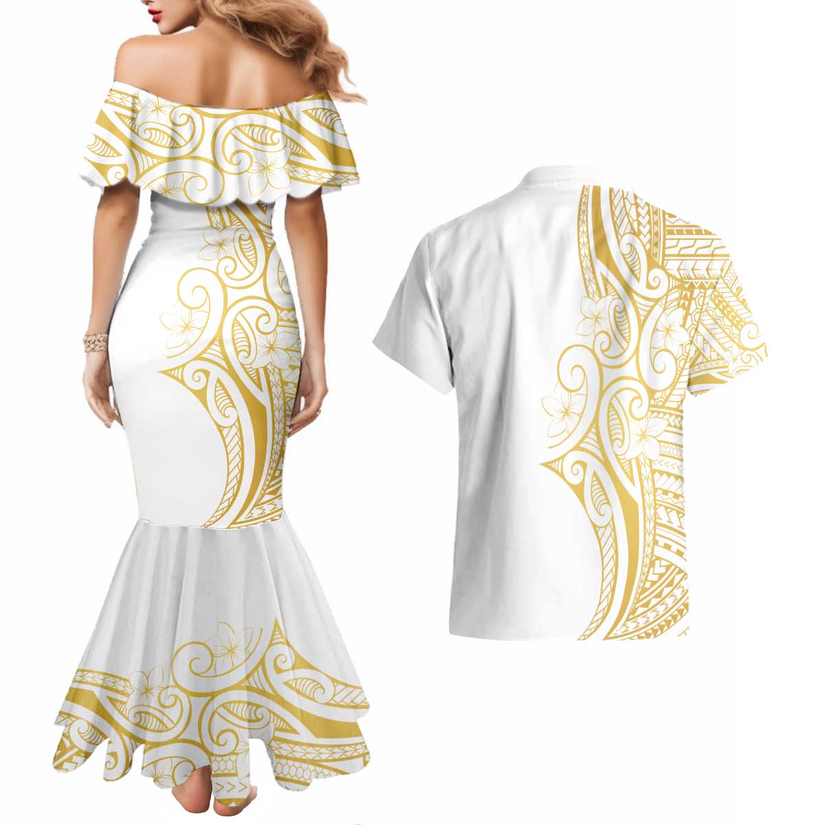 Polynesia White Sunday Couples Matching Mermaid Dress and Hawaiian Shirt Plumeria Polynesian Tribal Gold Color - Polynesian Pride