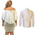 Polynesia White Sunday Couples Matching Off Shoulder Short Dress and Long Sleeve Button Shirt Plumeria Polynesian Tribal Gold Color - Polynesian Pride