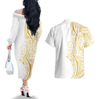 Polynesia White Sunday Couples Matching Off The Shoulder Long Sleeve Dress and Hawaiian Shirt Plumeria Polynesian Tribal Gold Color - Polynesian Pride
