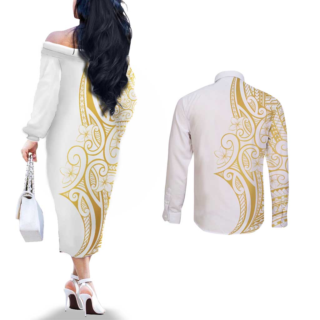 Polynesia White Sunday Couples Matching Off The Shoulder Long Sleeve Dress and Long Sleeve Button Shirt Plumeria Polynesian Tribal Gold Color - Polynesian Pride