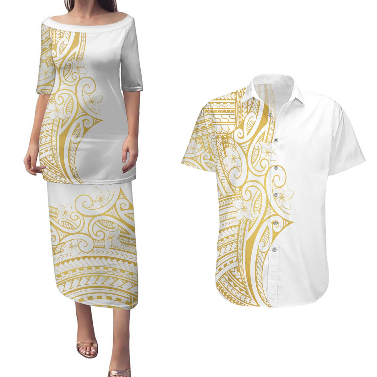 Polynesia White Sunday Couples Matching Puletasi and Hawaiian Shirt Plumeria Polynesian Tribal Gold Color - Polynesian Pride